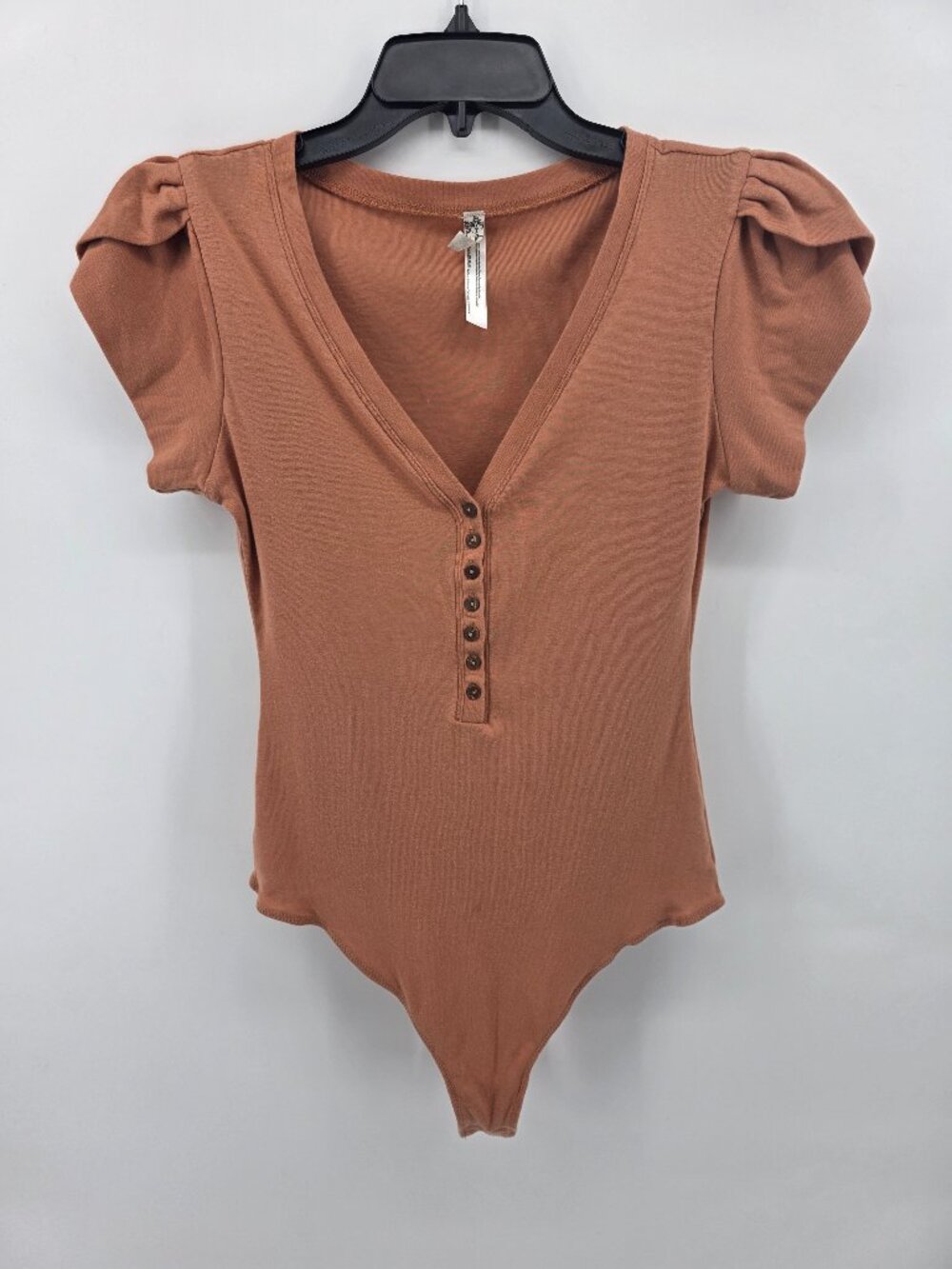 Free People Brown‎ Terracotta Puff Sleeve Henley Bodysuit  Size M